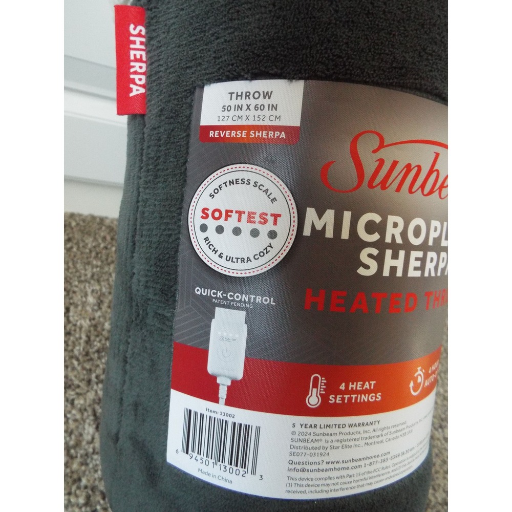 Sunbeam Microplush Sherpa Heated Throw Charcoal Gray 50x60 Electric Blanket - Picture 2 of 3